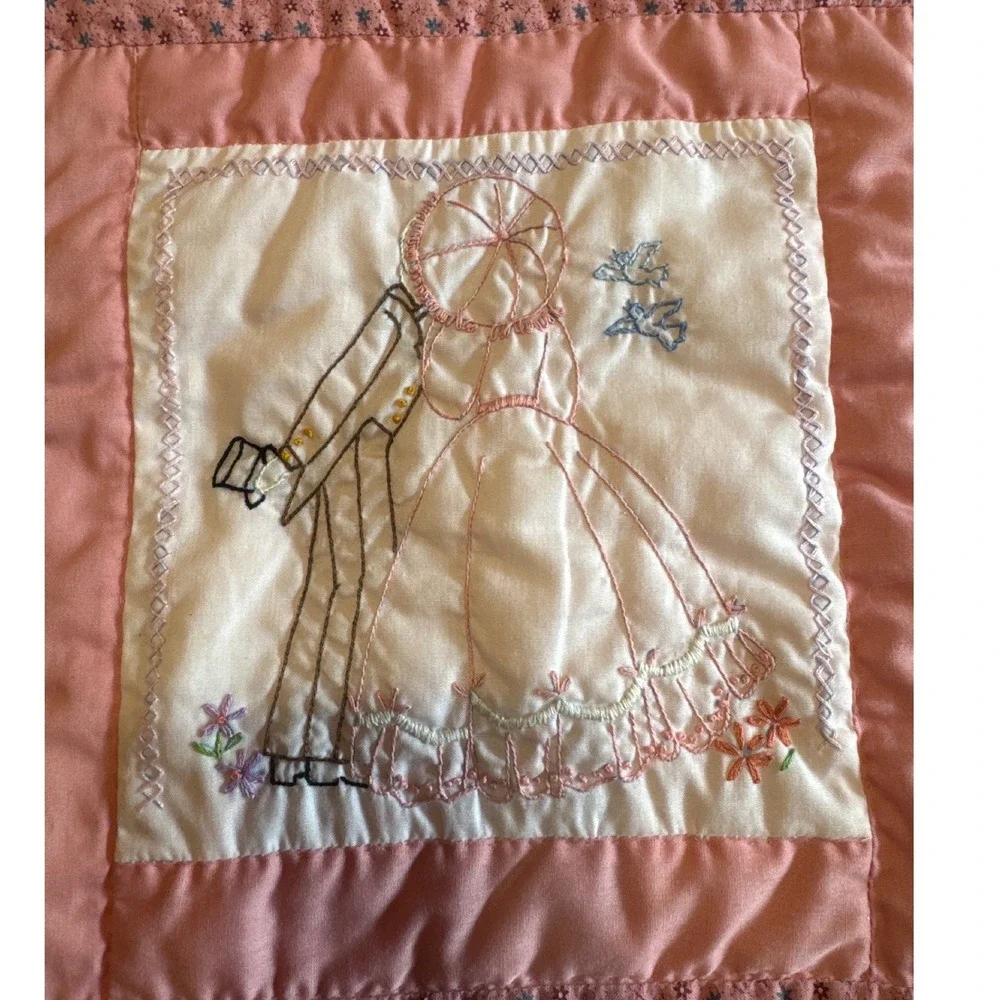Vintage Pristine Handmade Baby Crib Quilt, Pink Embroidered Nursery Heirloom